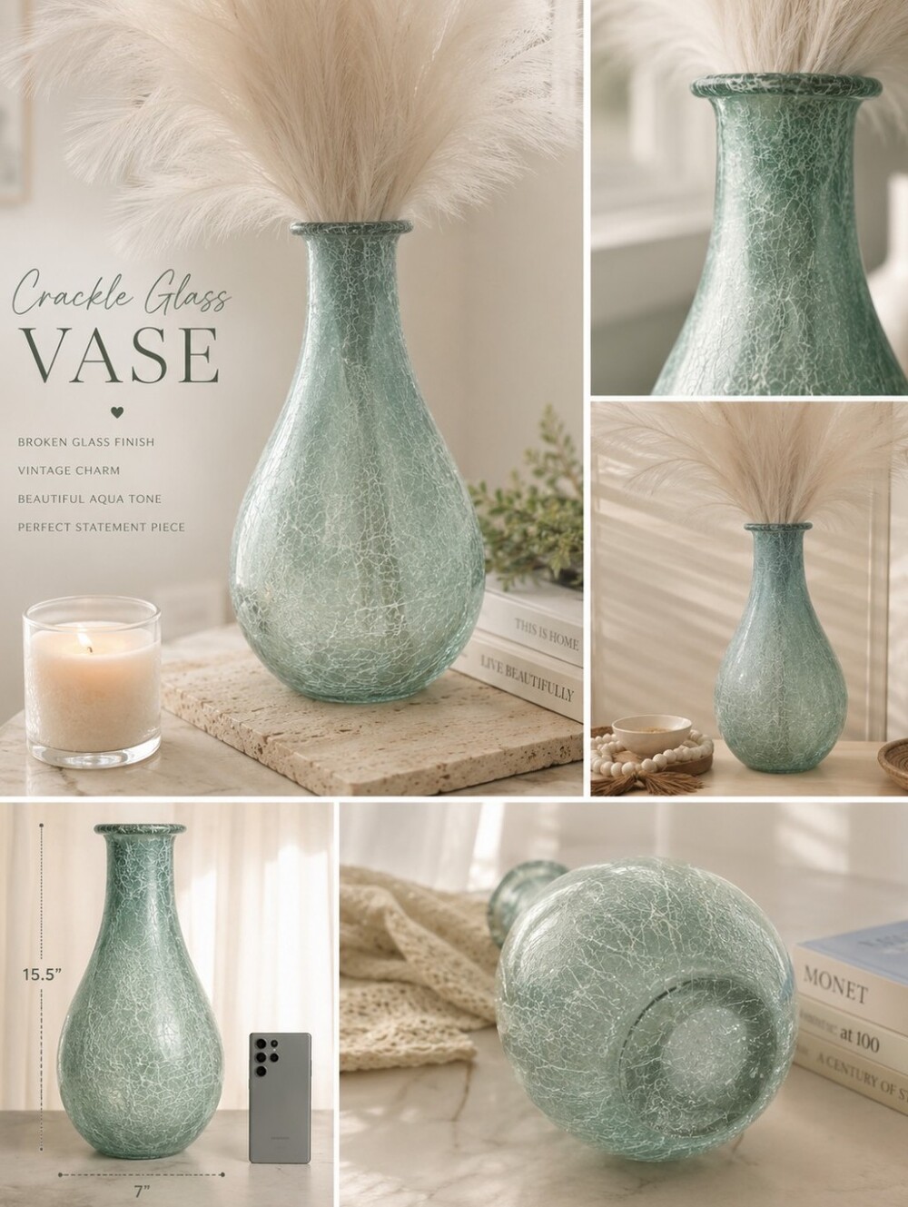 Aqua Mint Green Crackle Glass Vase | 16" Decorative Statement Vase | Vase Only